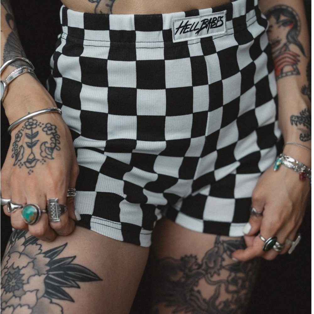 Hell Babes Black and White Checkered High Waist Shorts